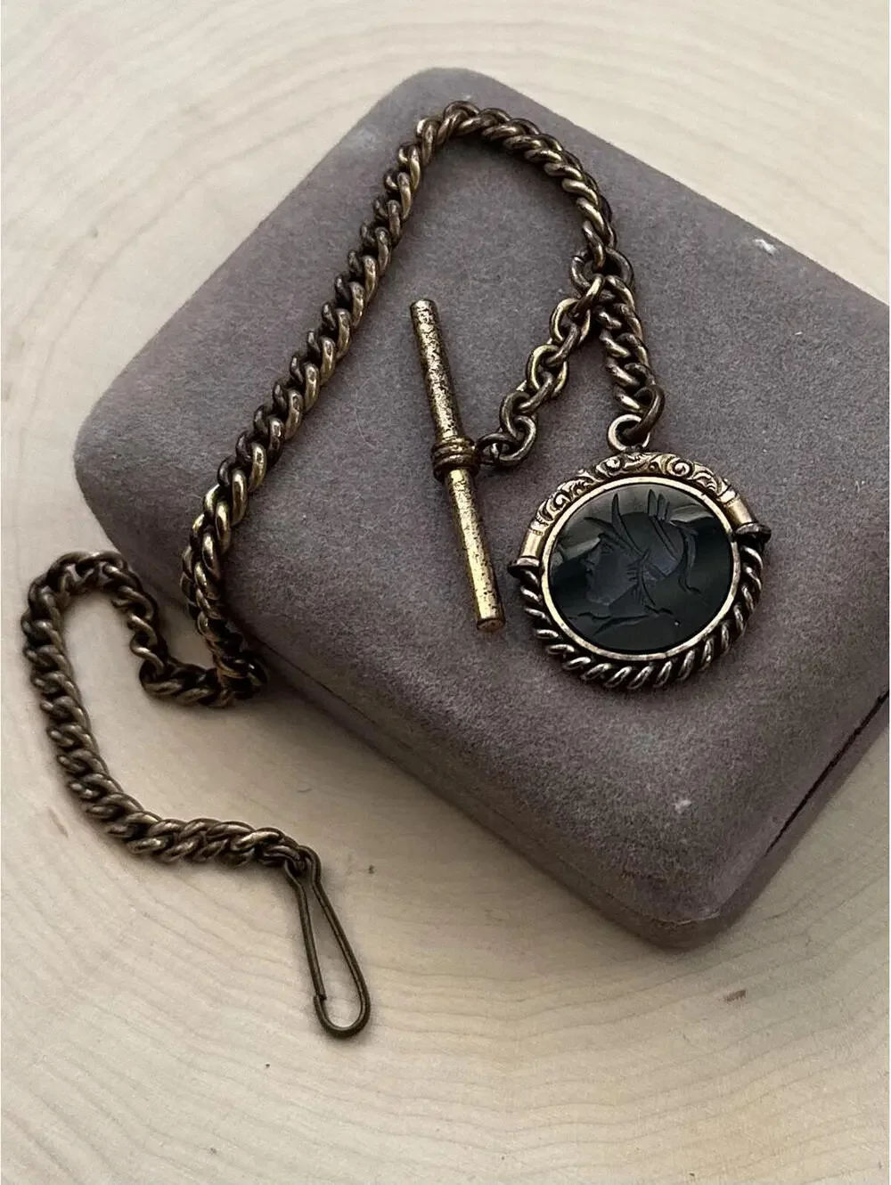 Antique Victorian Gold Filled Carved Roman Soldier Intaglio Sardonyx Watch Chain